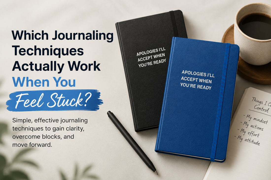 Minimalist blog featured image with journals, pen, and coffee illustrating effective journaling techniques for overcoming mental blocks.